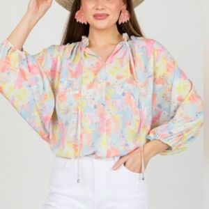 ENTRO Pastel Abstract-Print Balloon Sleeve Blouse - Multi
